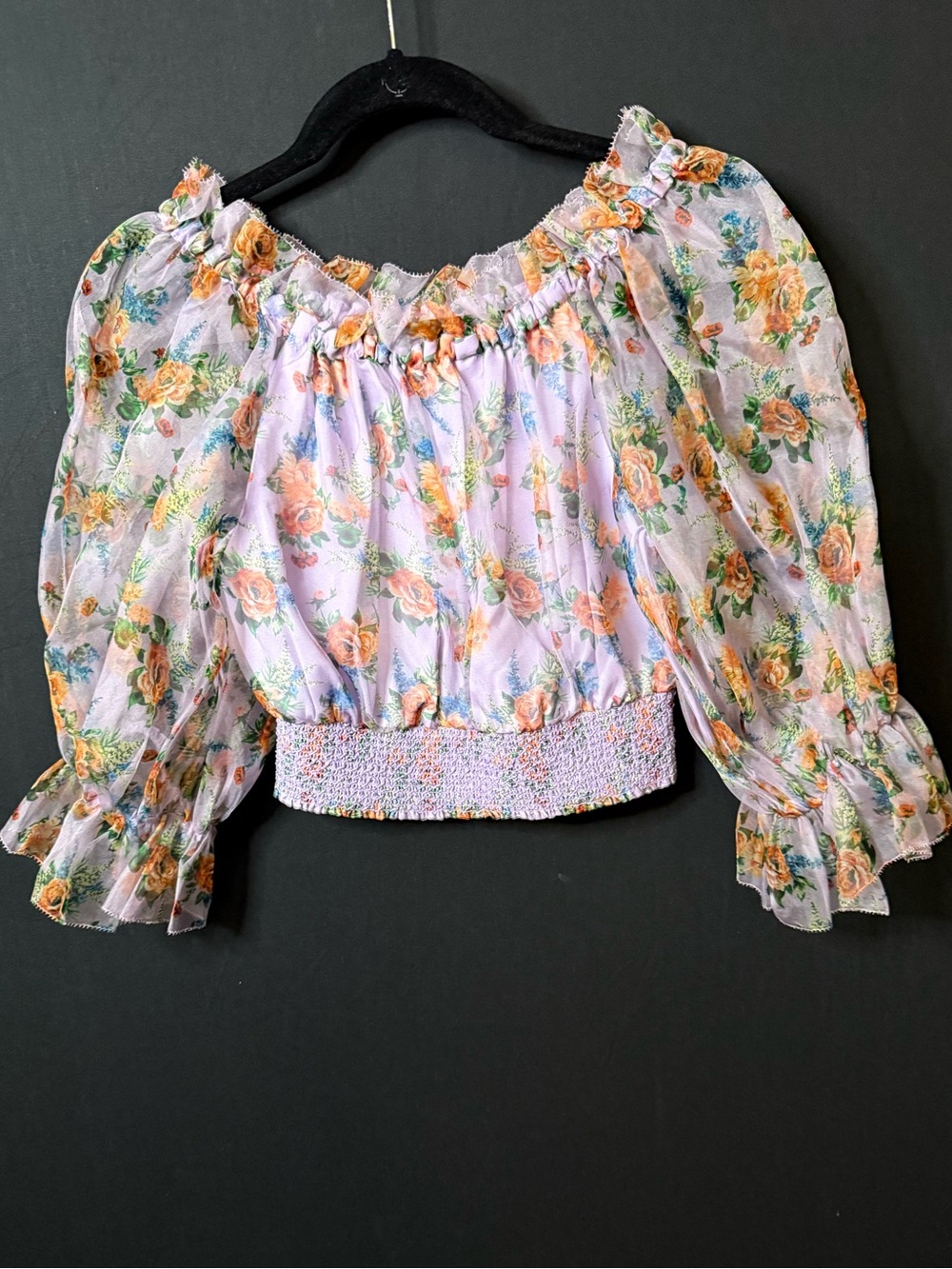 NWT Alice + Olivia Lavender Off-Shoulder Floral Sheer Crop Top - Picture 2 of 9